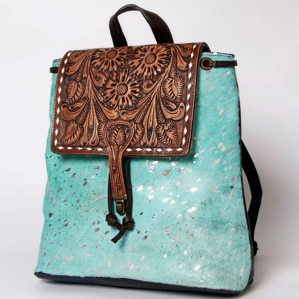 Western Tooled Leather Turquoise Cowhide Hair On Backpack Bag